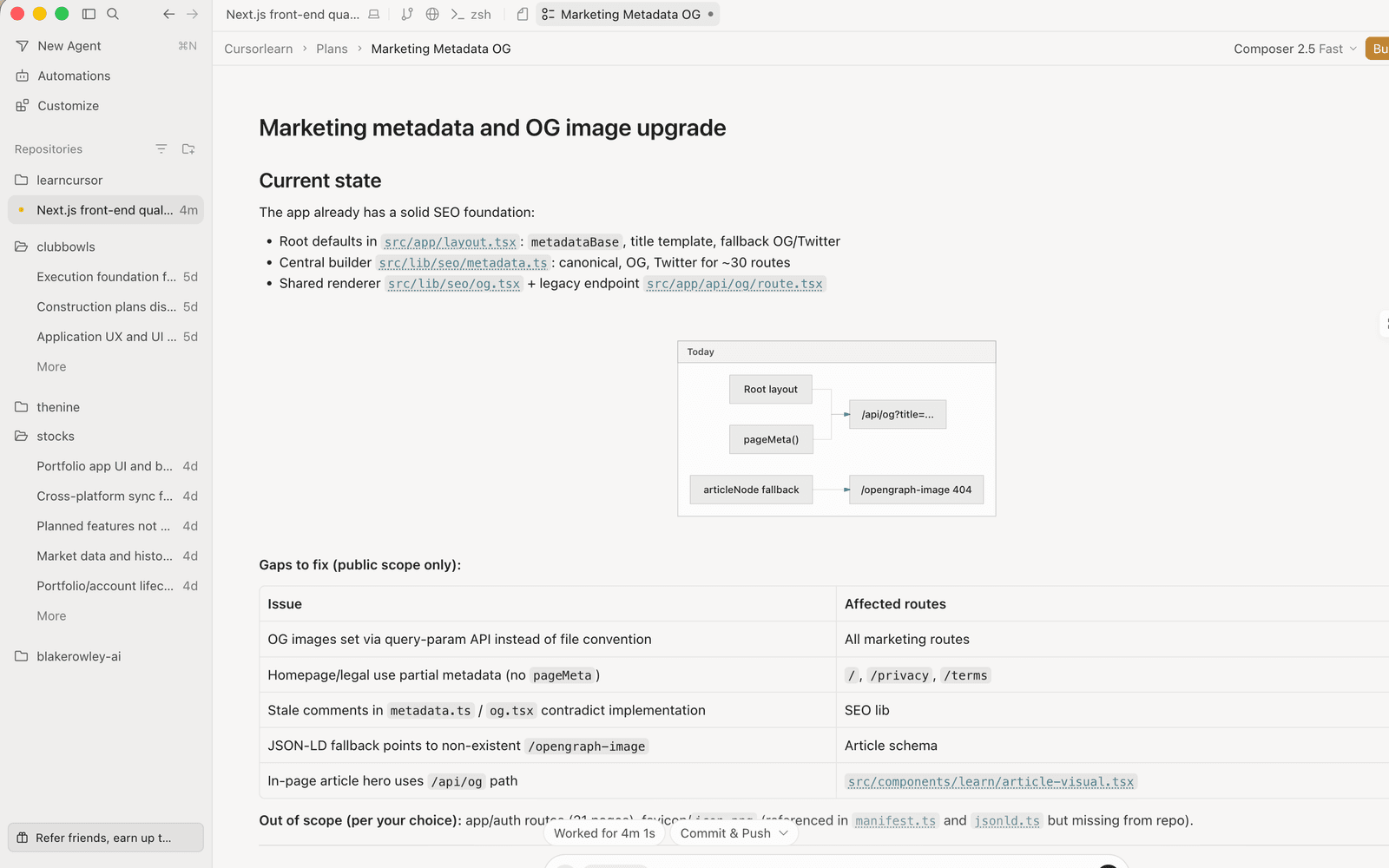 Actual Cursor product screenshot showing a Plan Mode document with current state, target architecture and build controls.