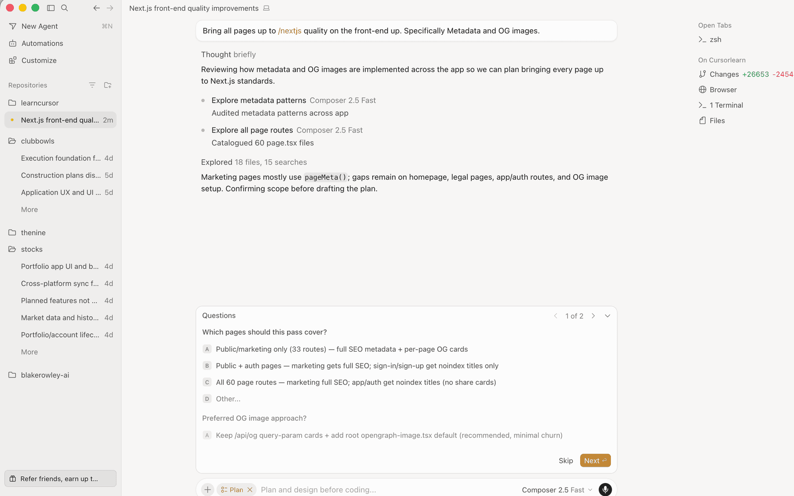 Actual Cursor product screenshot showing a planning conversation with explored files, questions and context choices.