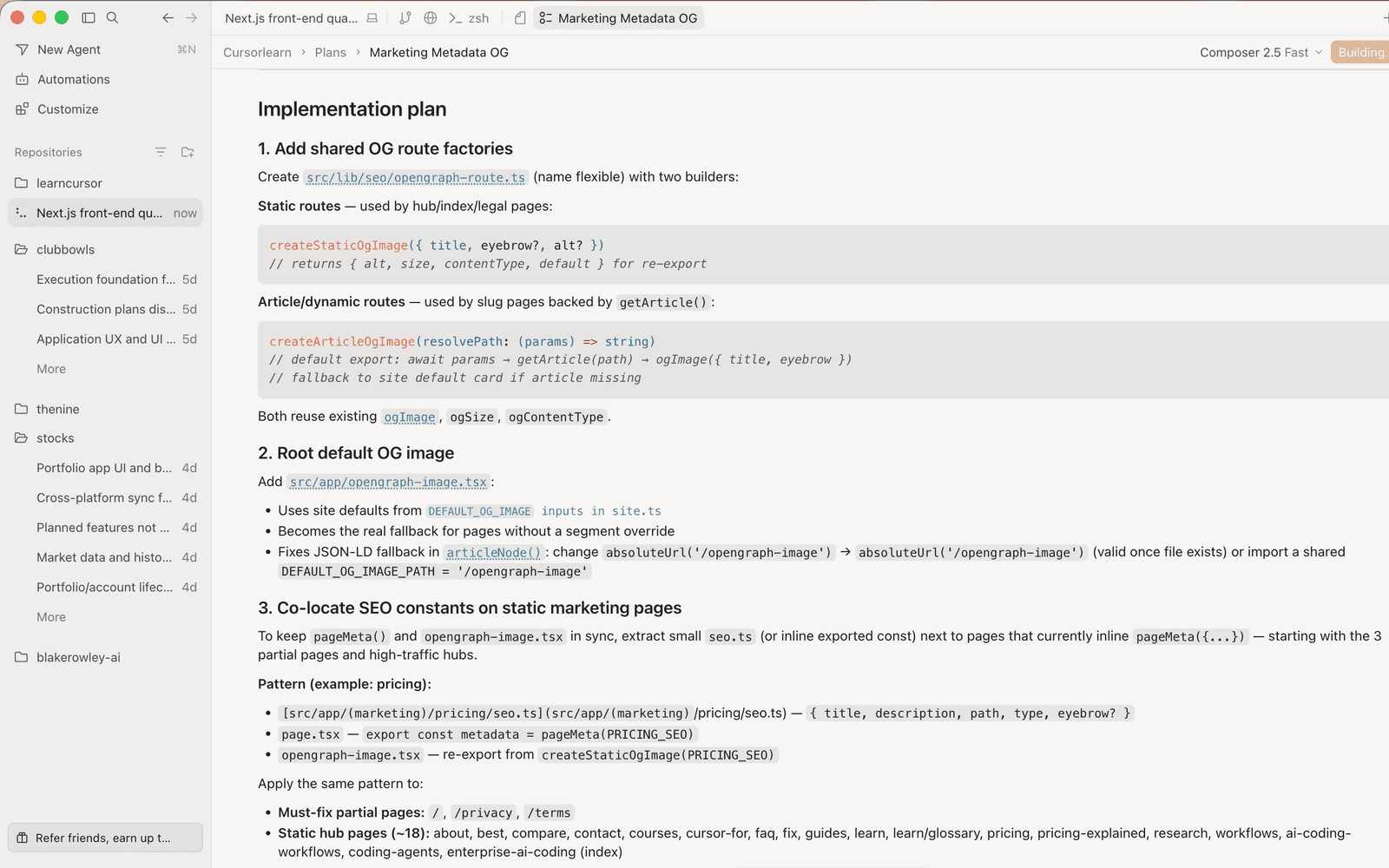 Actual Cursor product screenshot showing a Plan Mode implementation page with code blocks, a diagram and build controls.