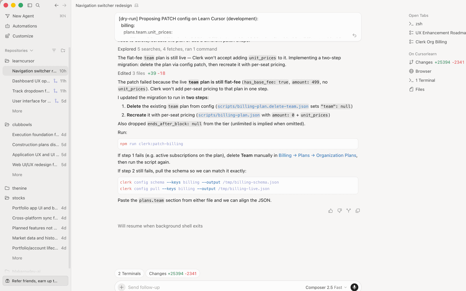 Actual Cursor product screenshot showing a completed agent response with code blocks, terminal status and follow-up controls.