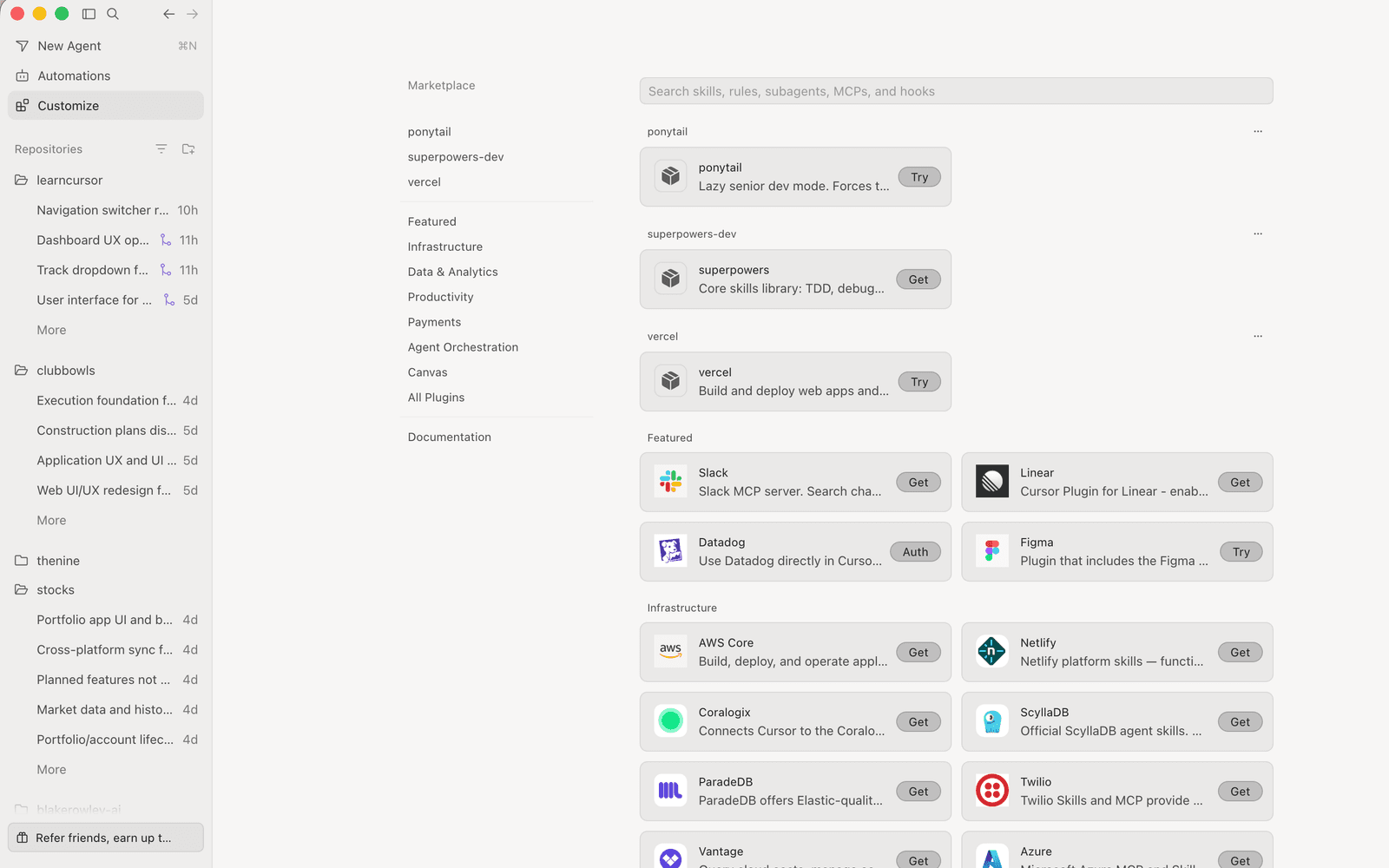 Actual Cursor product screenshot showing the Customize marketplace with plugins, skills, MCPs and hooks search.