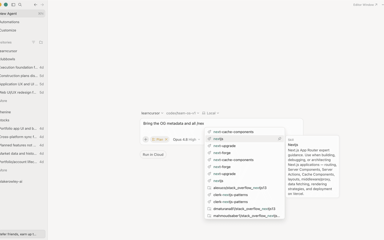 Actual Cursor product screenshot showing the composer, model selector and contextual plugin or skill picker.